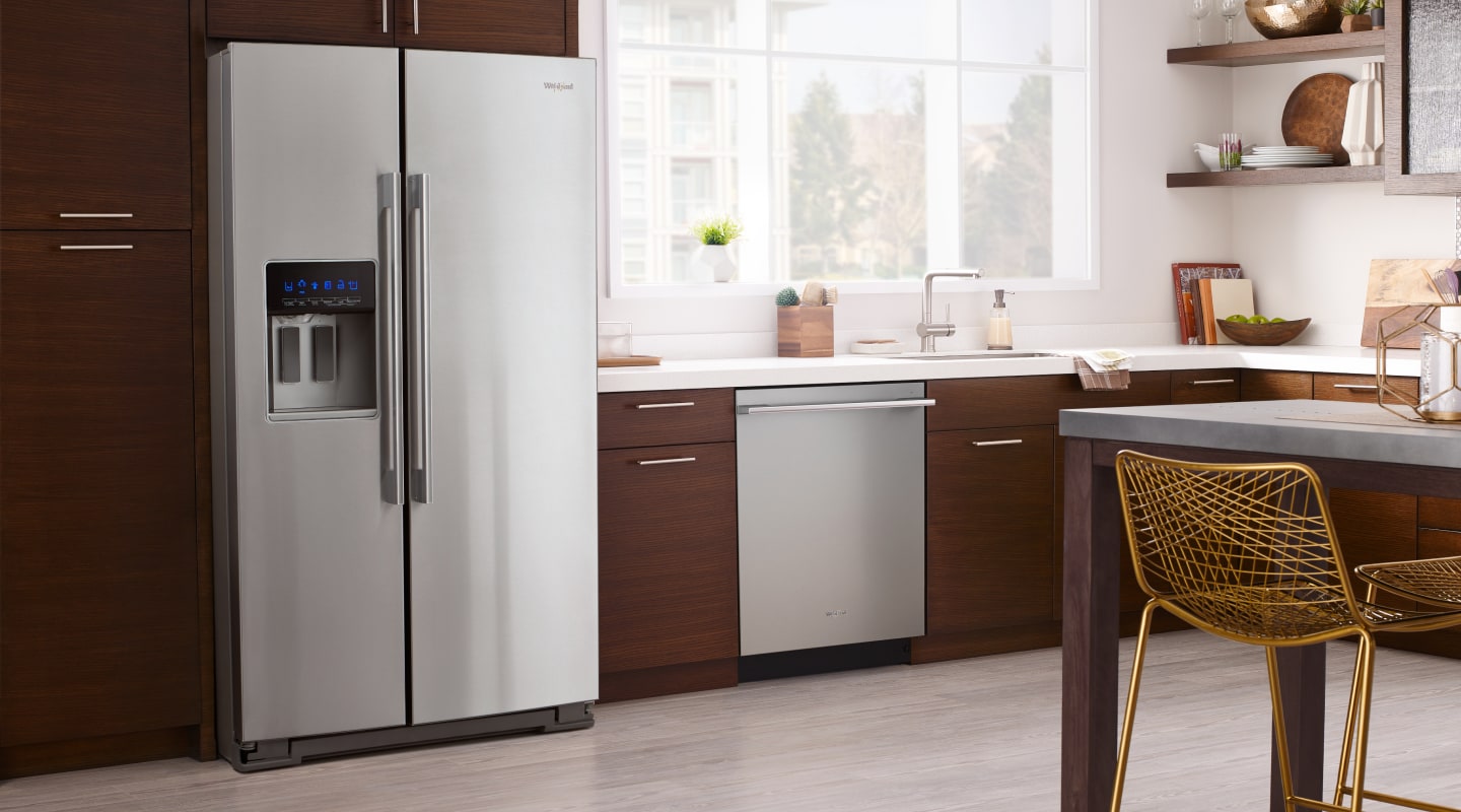 A Whirlpool® French Door Refrigerator in a contemporary kitchen A Whirlpool® French Door Refrigerator in a contemporary kitchen